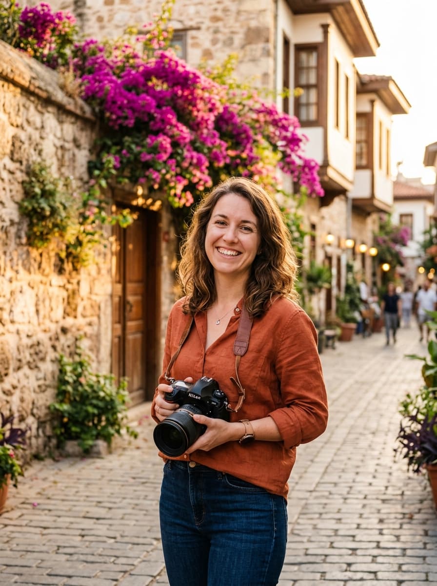 Jane, photographer, holding her camera in Kaleiçi old town, Antalya