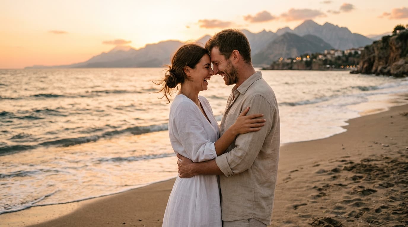 Couple embracing on an Antalya beach at golden hour