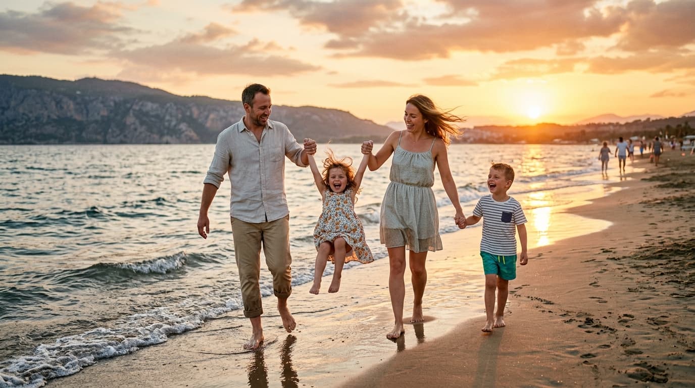 Happy family walking together on the beach in Antalya