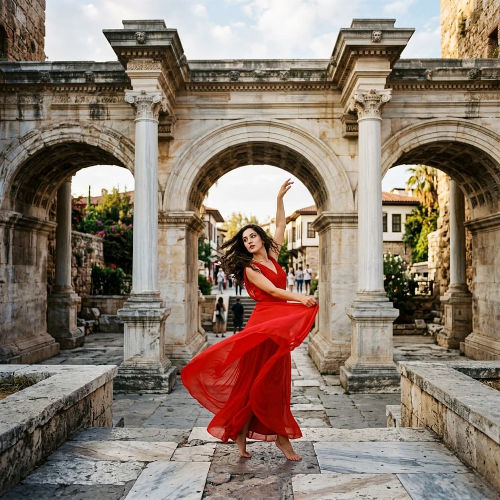 Woman in a red dress at Hadrian's Gate, Antalya