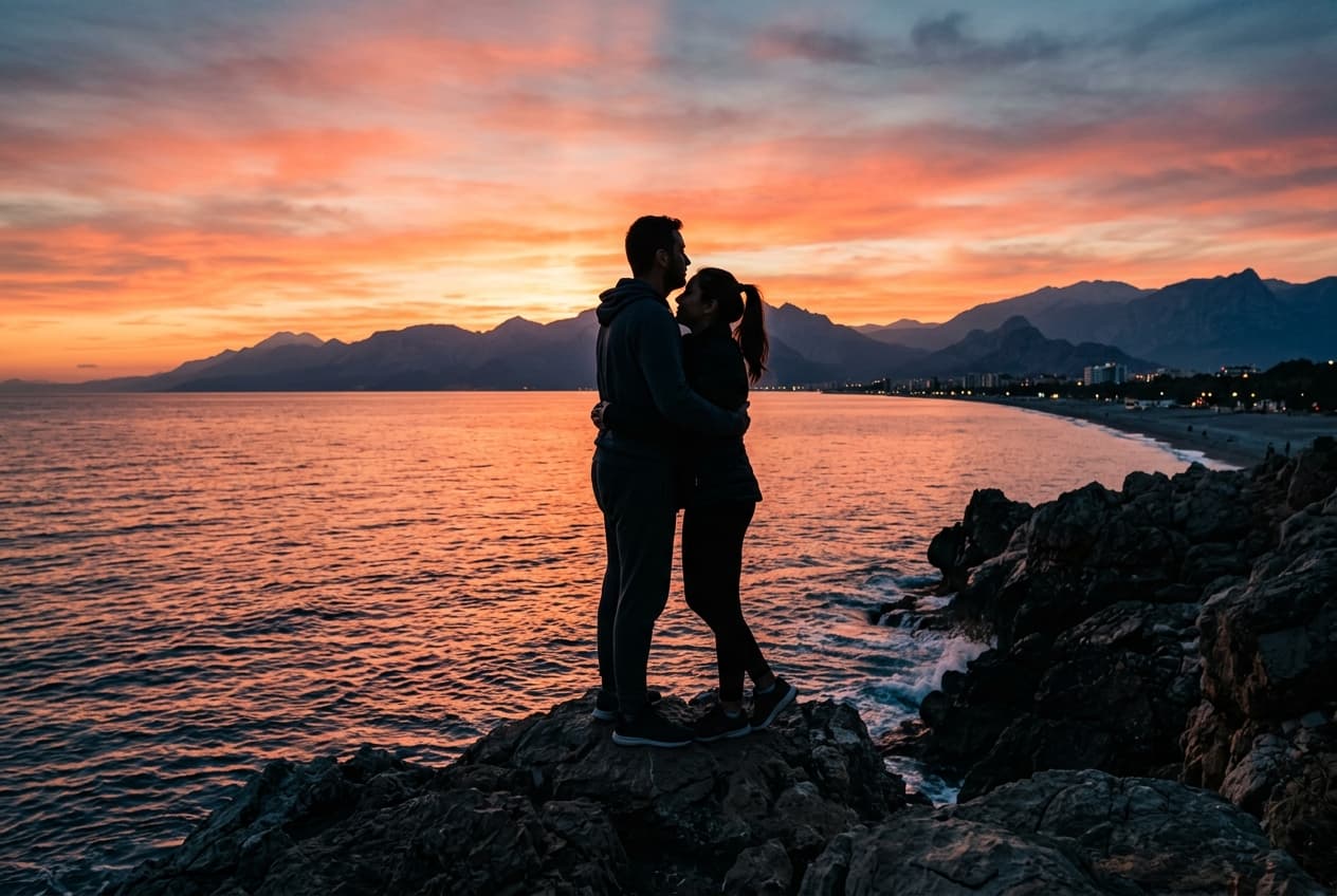 Couple silhouette at sunset on the rocks of Konyaaltı, Antalya