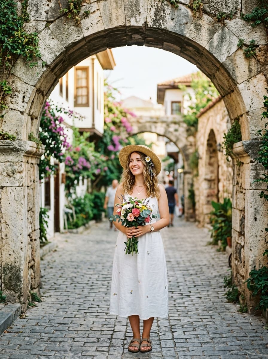 Woman with a straw hat at a stone archway in Antalya old town