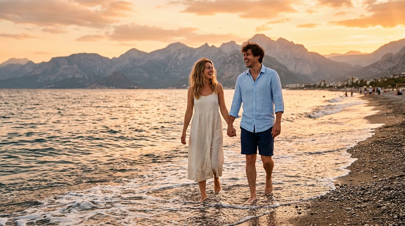 Couple laughing during a golden-hour photoshoot on Konyaaltı beach, Antalya