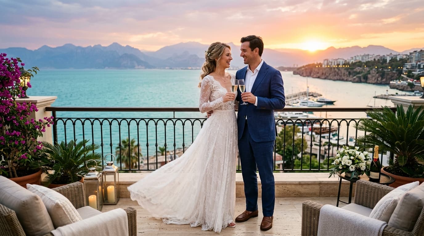 Newlywed couple on a hotel terrace overlooking Antalya at sunset