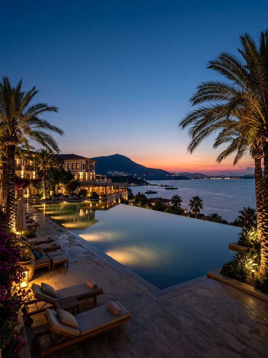 Luxury resort infinity pool at dusk, Antalya