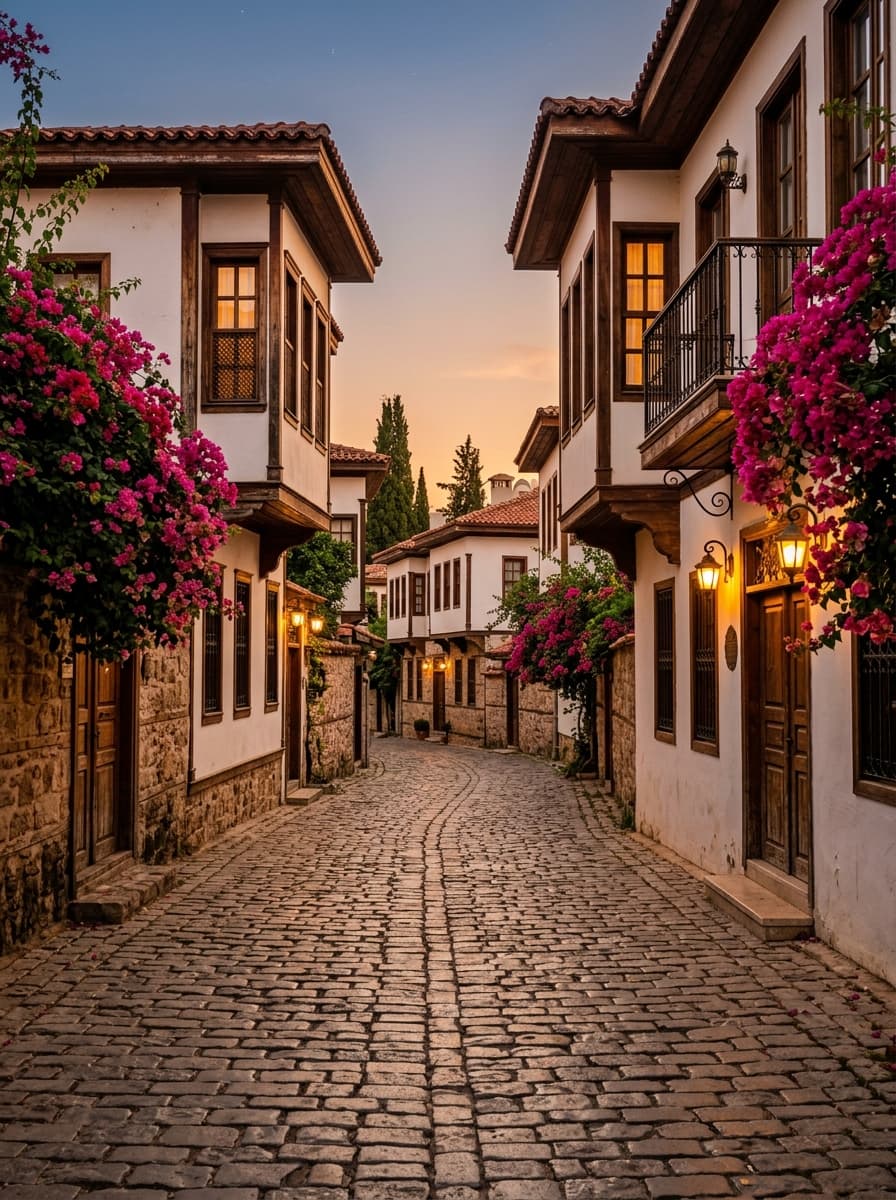 Kaleiçi old town street with bougainvillea, Antalya