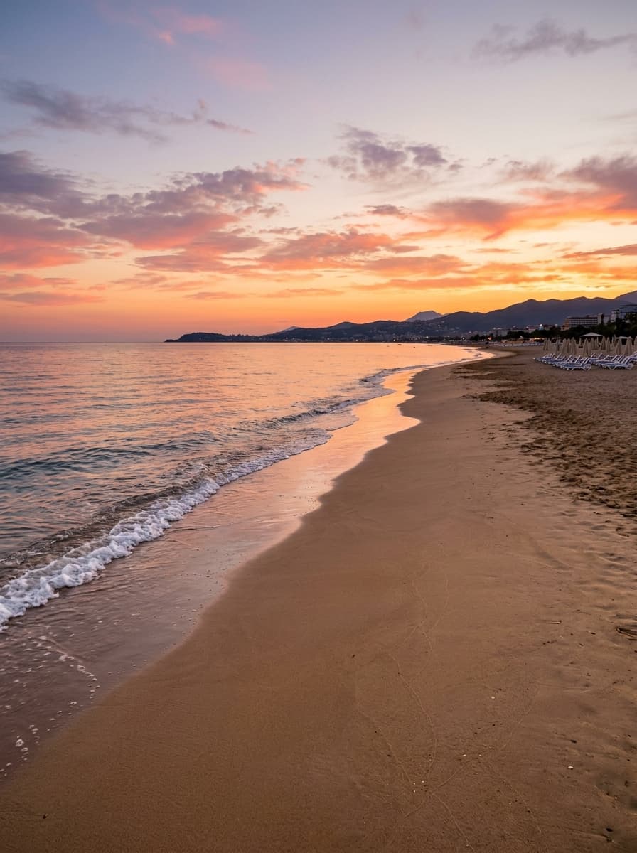 Lara beach sandy shore at sunset, Antalya