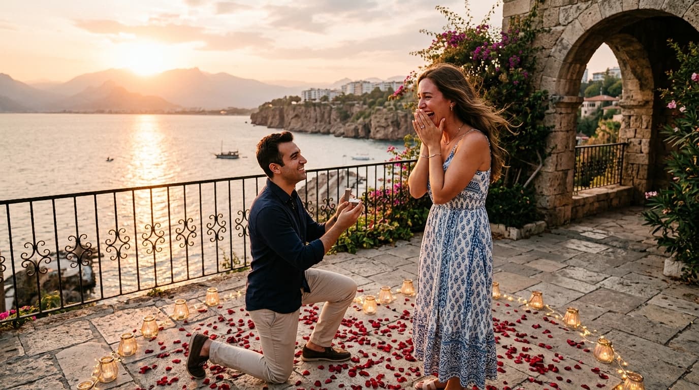 Surprise marriage proposal on a rock terrace overlooking the Mediterranean in Antalya