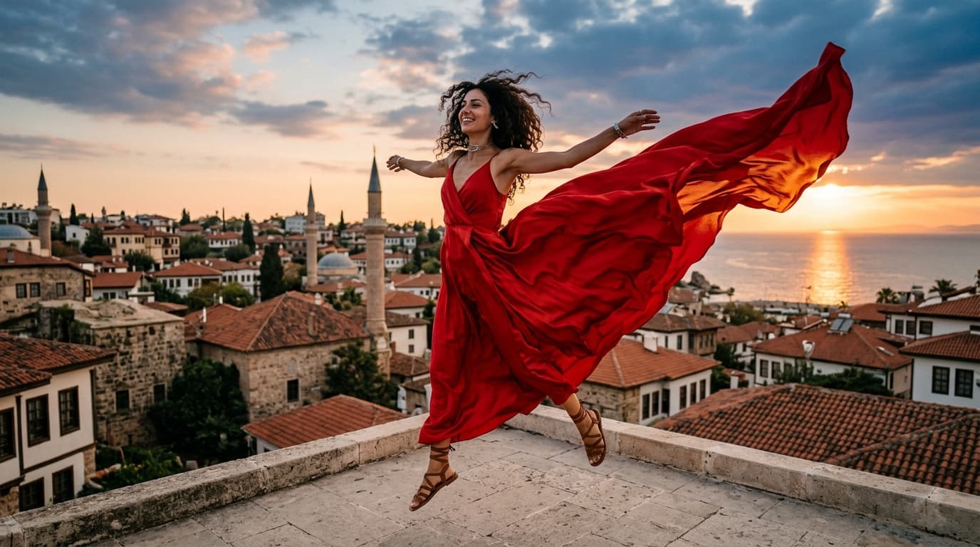 Flying dress rooftop photoshoot over Antalya old town at sunset